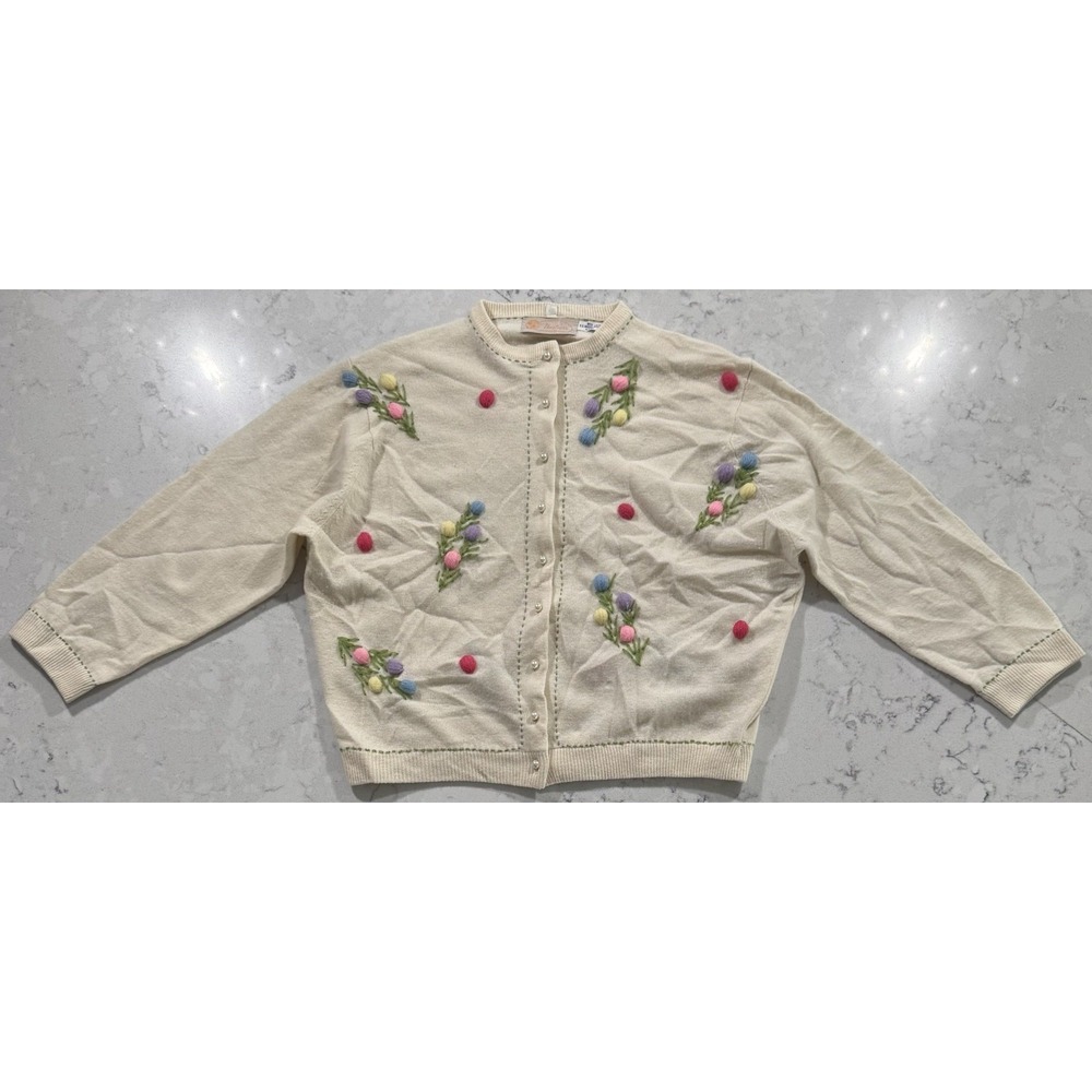 VTG 60s Nasharr Wool Angora Cardigan Sweater Size 42 Cream Ivory Floral Pom Pom